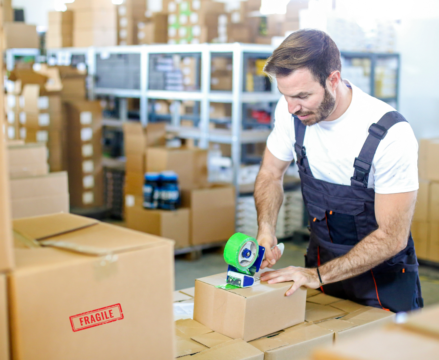 Warehouse worker packing boxes securely