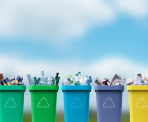 Different coloured waste bins with waste