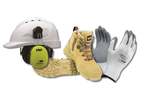 Hard hat, boots, gloves