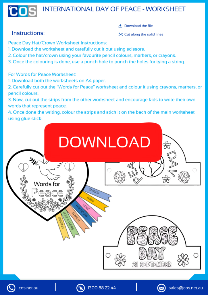 2 worksheets: paper hat/crown and words for peace