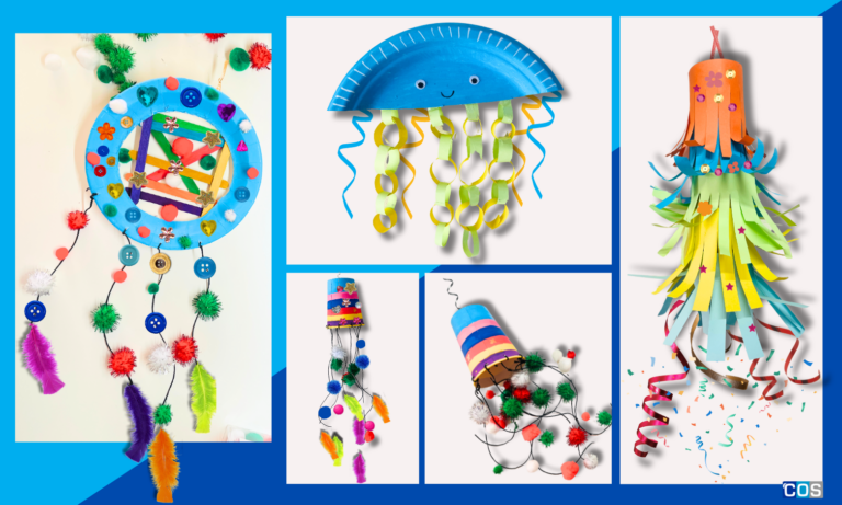 Pull Piñata Garland with toilet roll, paper plate jelly fish with paper loops, paper cup wind chime with pom poms, jewels, rhinestones and paper plate dream catcher