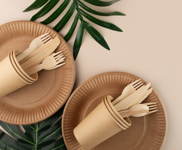 Bamboo wooden tableware, disposable organic kitchen utensils, reusable use, recyclable waste, plates for outdoor catering