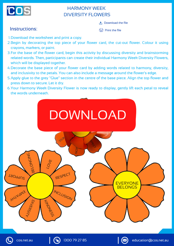 Harmony Day Flower worksheet